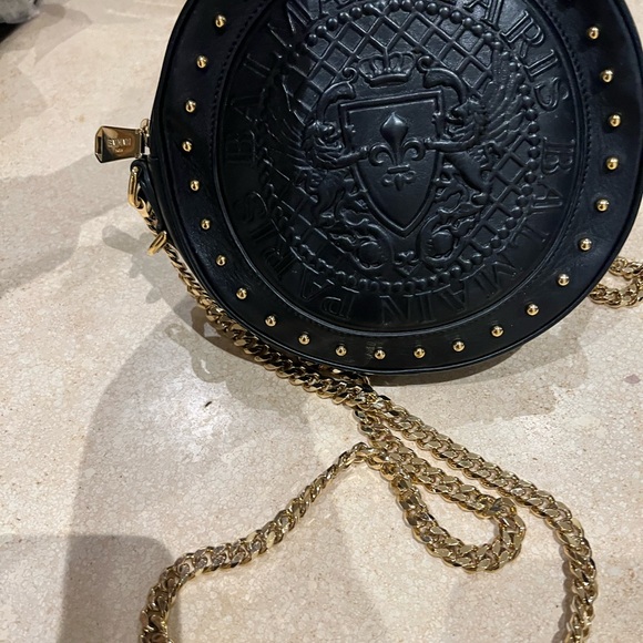 BALMAIN CRESTED ROUND CROSS BODY BAG GOLD HARDWARE STAMPED (Authentic) - Picture 3 of 4